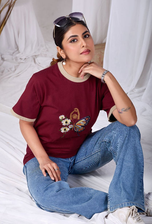 Butterfly Muse Tee Womenโs Maroon Printed Cotton T-Shirt