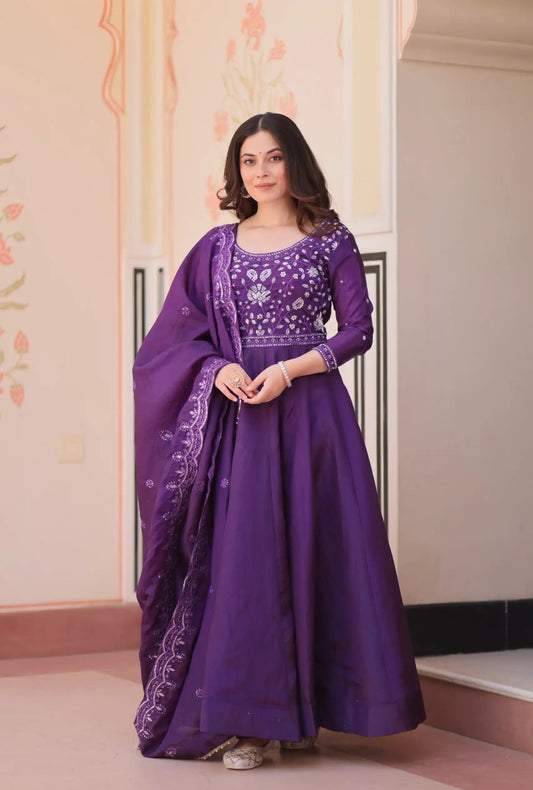 Royal Purple Roman Viscose Anarkali Gown Set with Roman Dupatta
