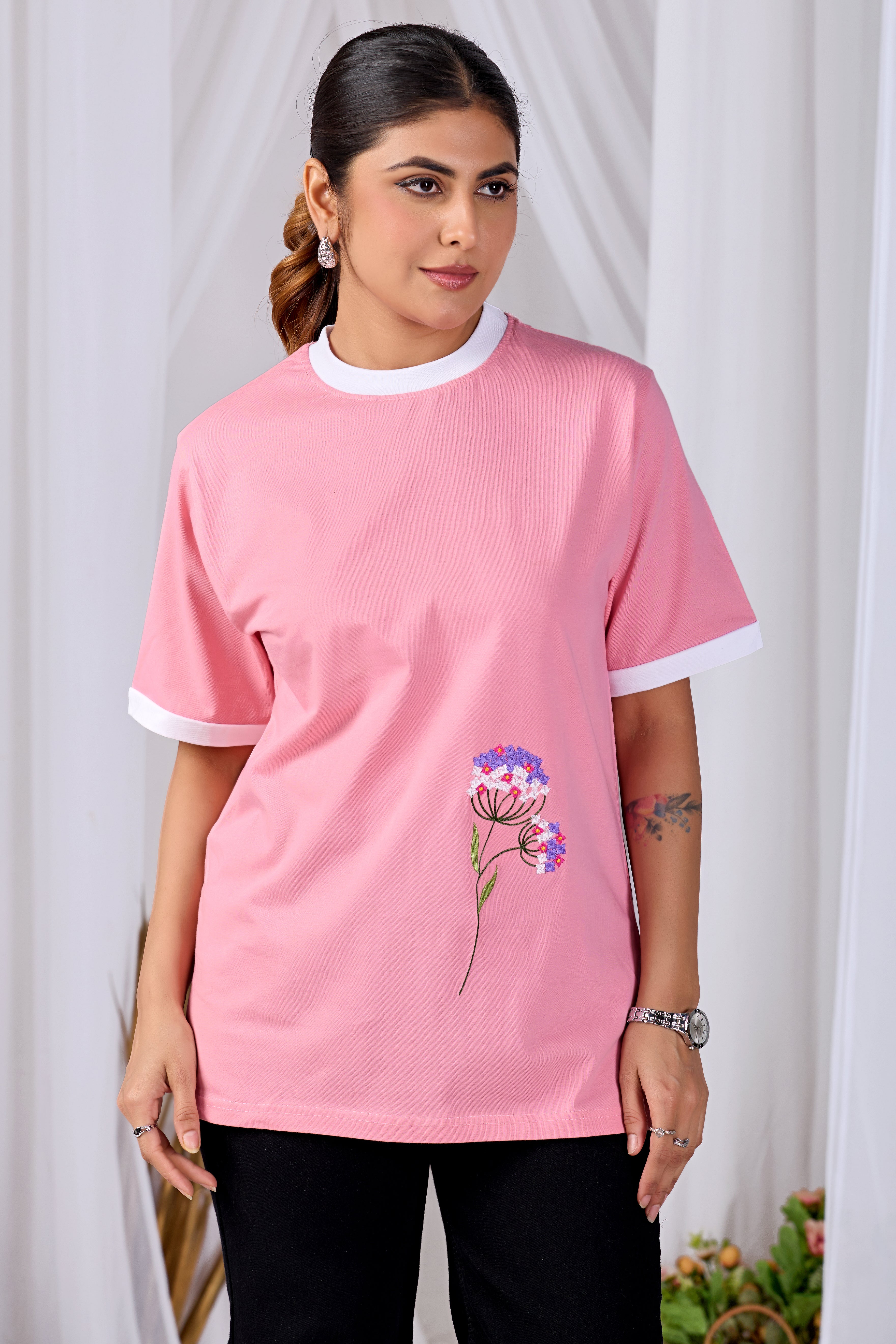 Pink Petal Glow Tee  Women’s Pink Floral Printed Cotton T-Shirt