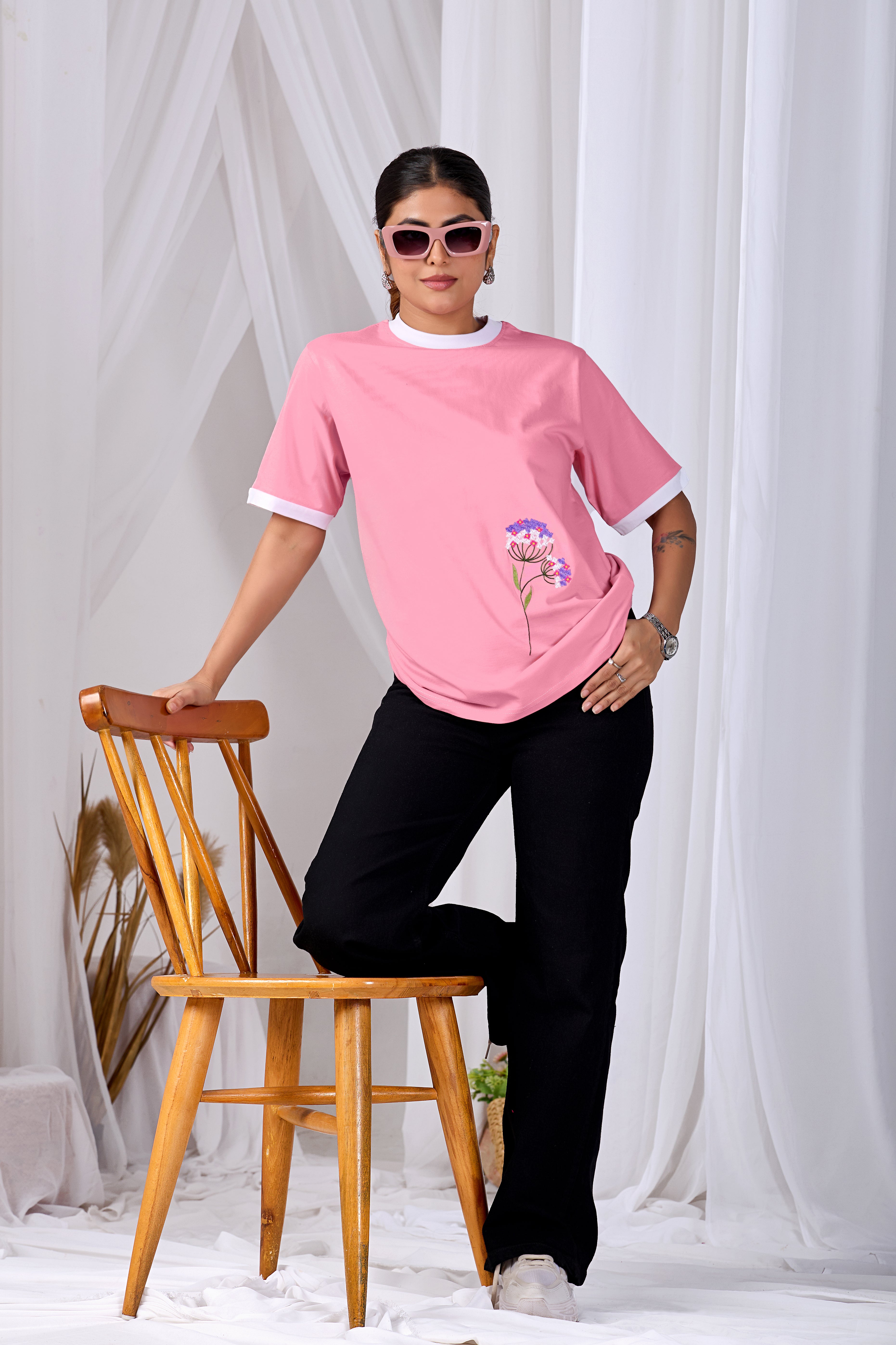 Pink Petal Glow Tee  Women’s Pink Floral Printed Cotton T-Shirt