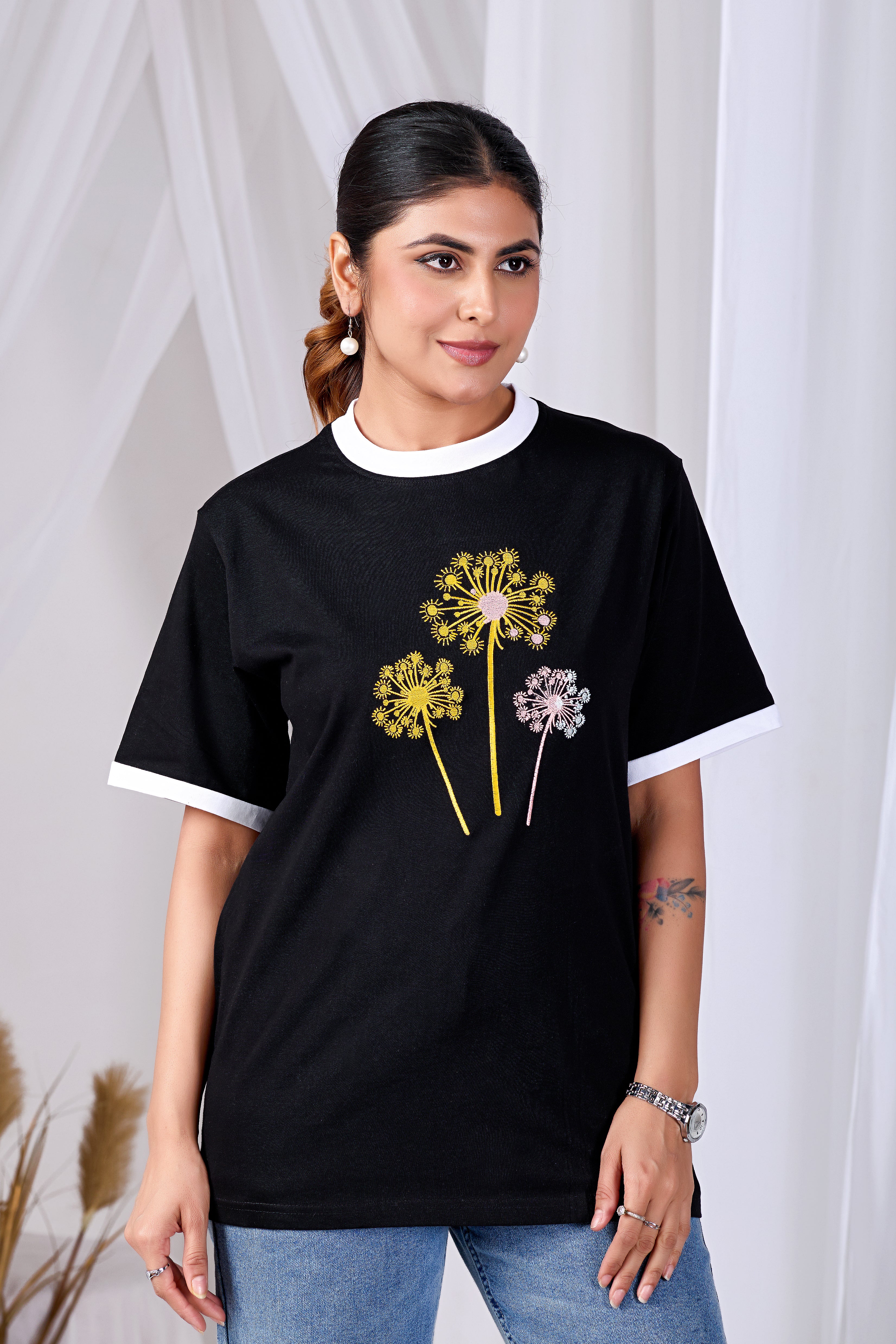 Golden Dandelion Tee  Women’s Black Printed Cotton T-Shirt