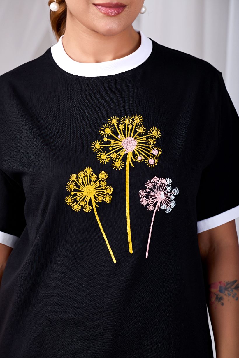 Golden Dandelion Tee  Women’s Black Printed Cotton T-Shirt