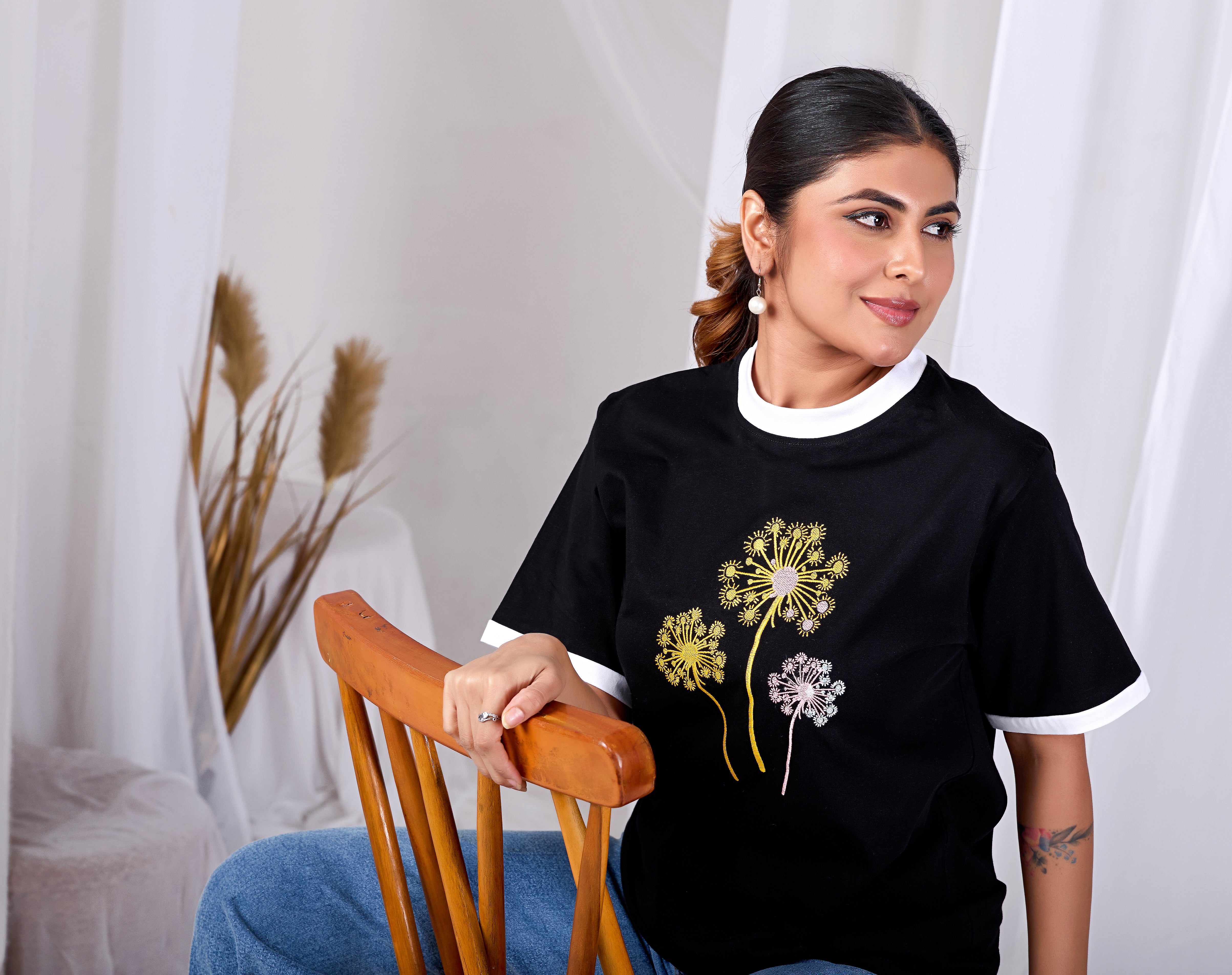 Golden Dandelion Tee  Women’s Black Printed Cotton T-Shirt