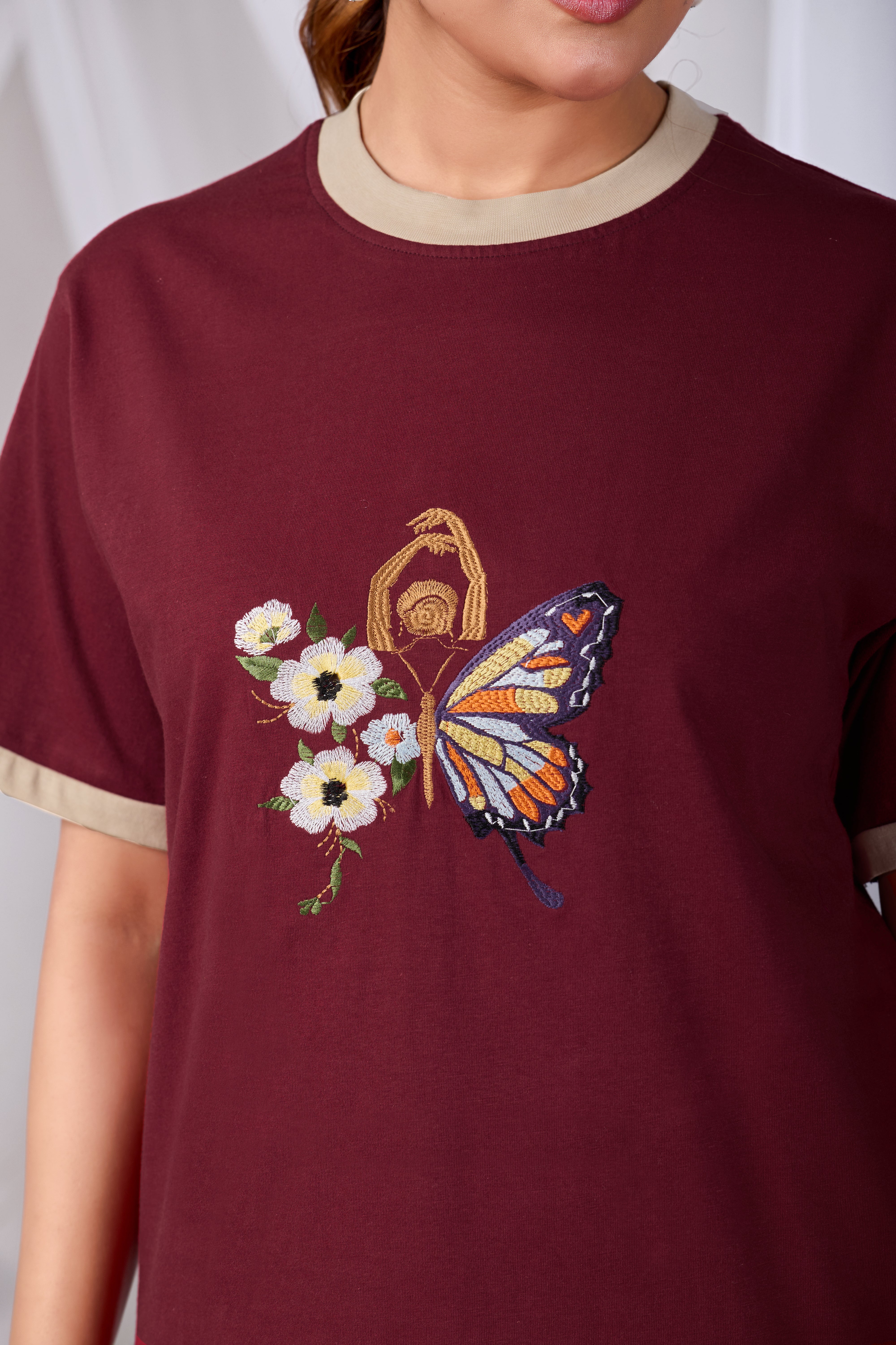 Butterfly Muse Tee  Women’s Maroon Printed Cotton T-Shirt