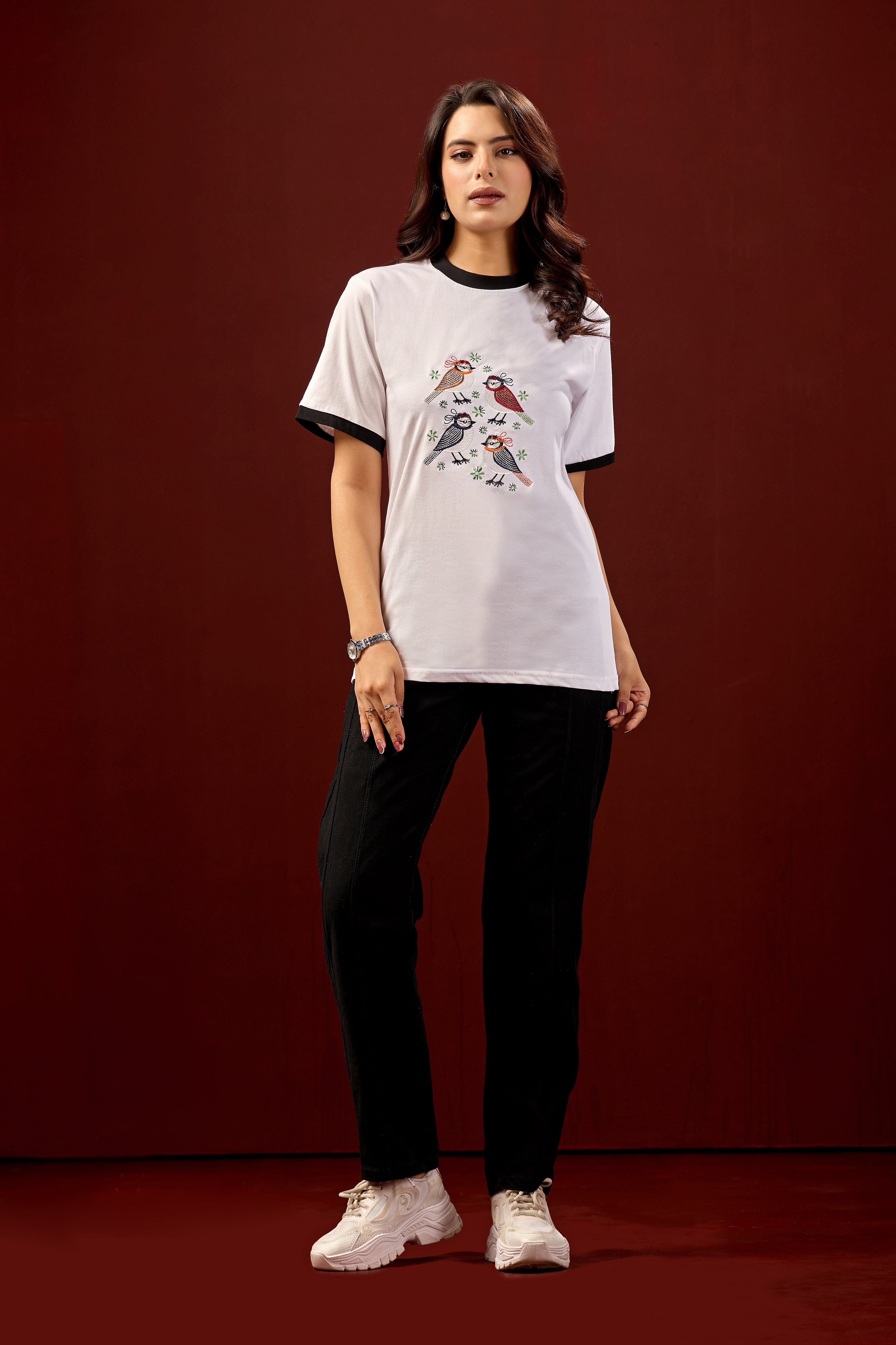 Chirpy Birds Tee  Women’s White Printed Cotton T-Shirt