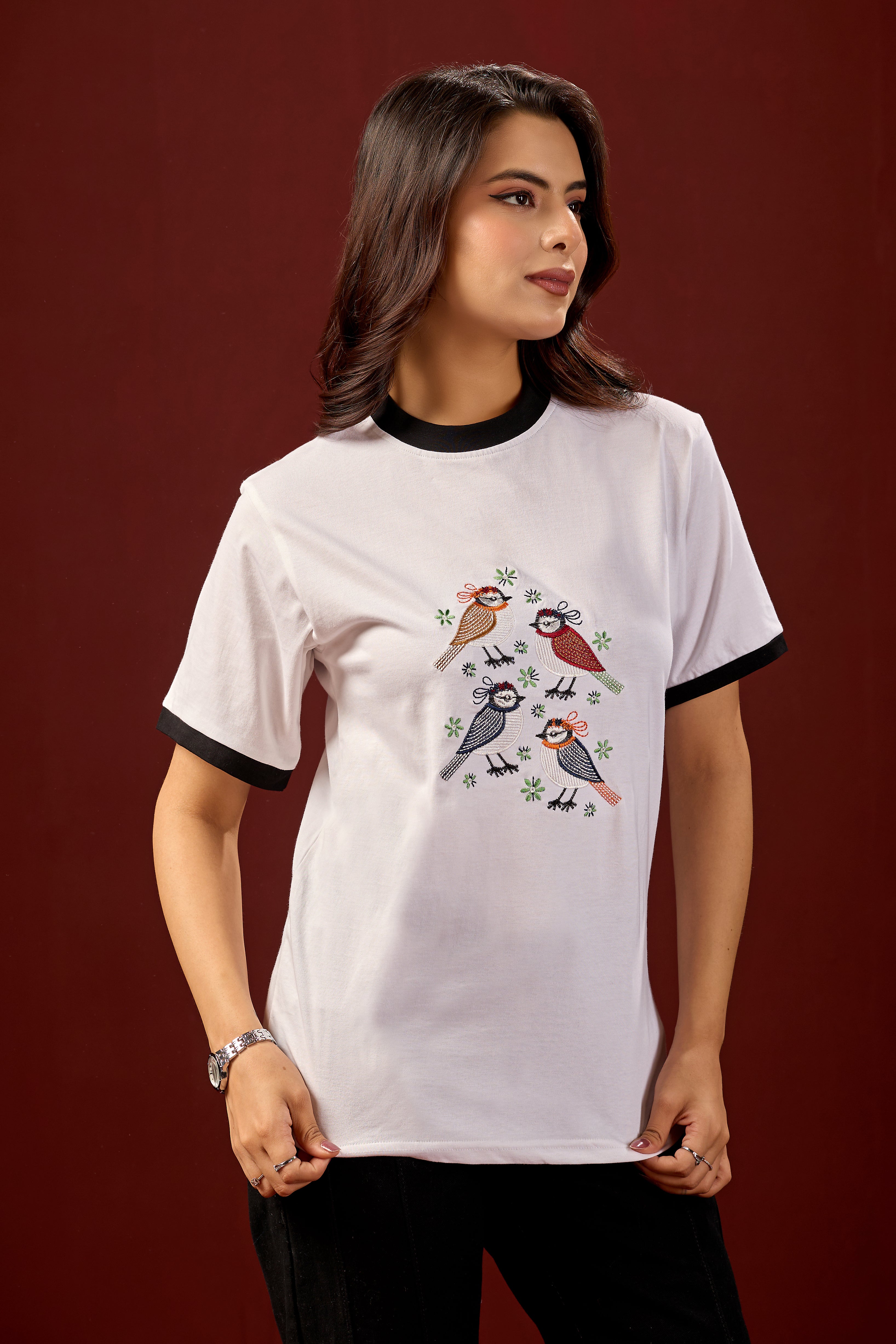 Chirpy Birds Tee  Women’s White Printed Cotton T-Shirt