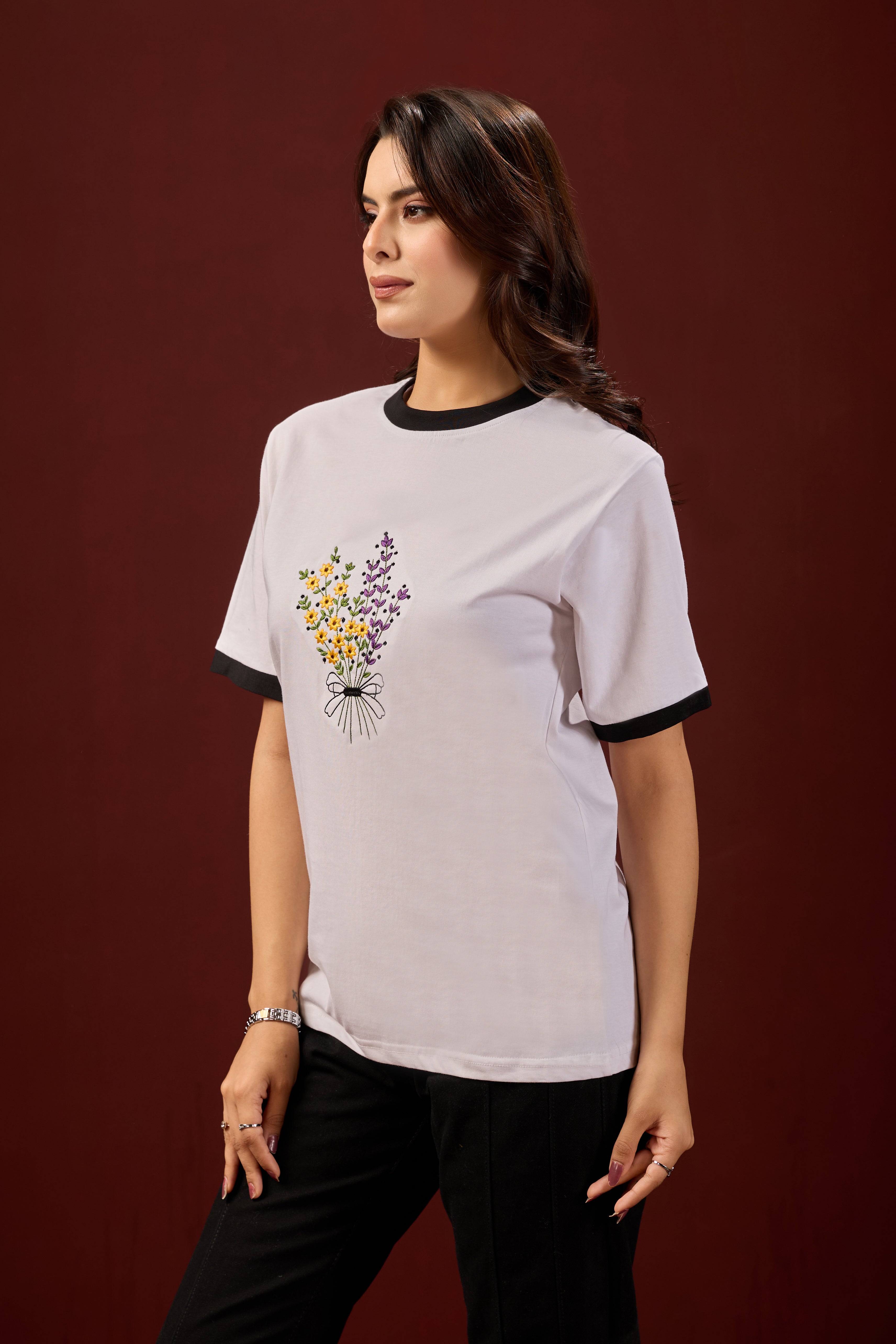 Lavender Bloom Tee  Women’s White Floral Printed Cotton T-Shirt