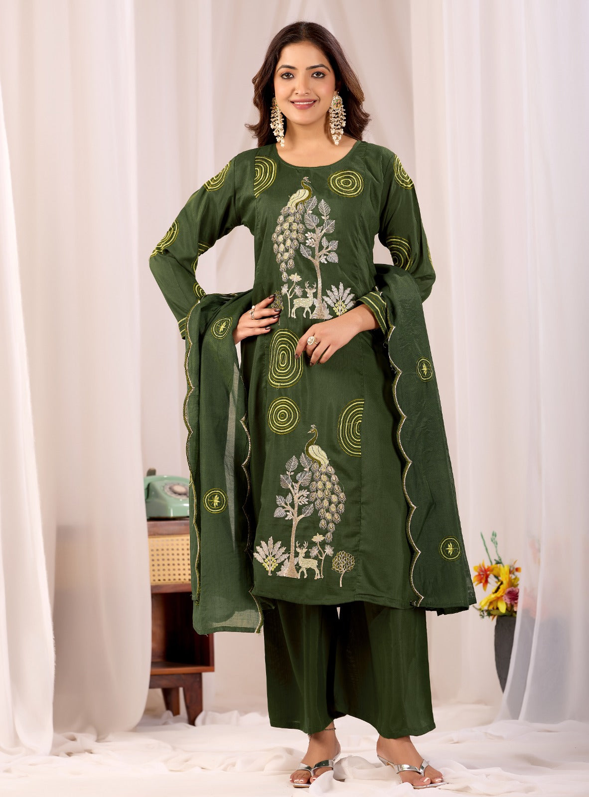Elegant Peacock Embroidered Cotton Suit Set