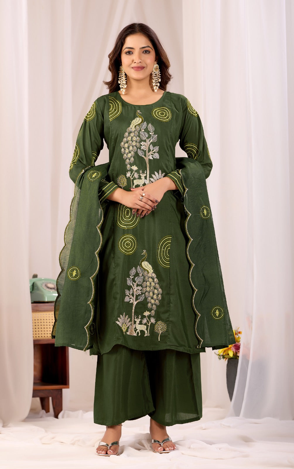 Elegant Peacock Embroidered Cotton Suit Set