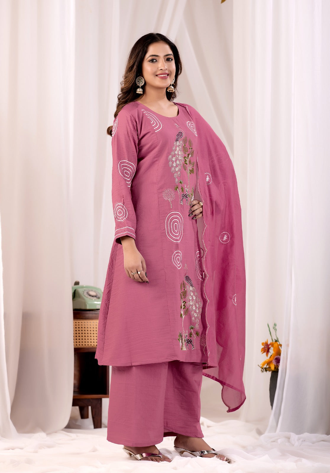 Rose Pink Embroidered Kurta Set with Dupatta