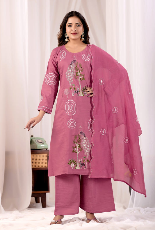 Rose Pink Embroidered Kurta Set with Dupatta