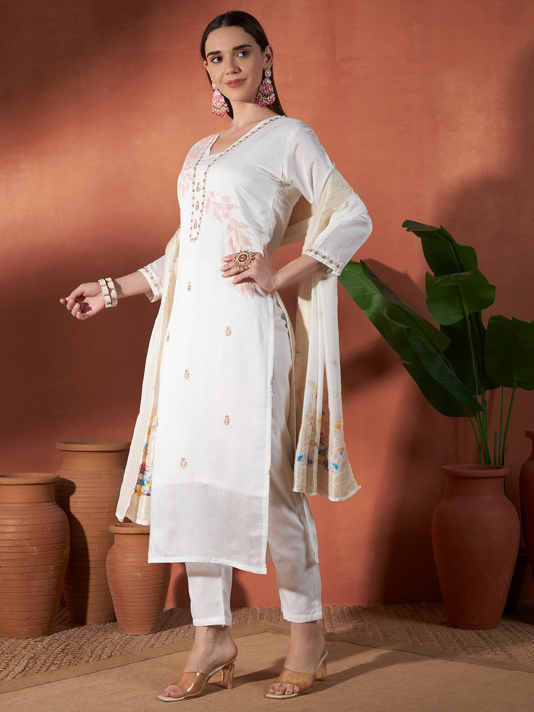 Ivory White Parampara Cotton Kurta Palazzo Set with Embroidered Dupatta