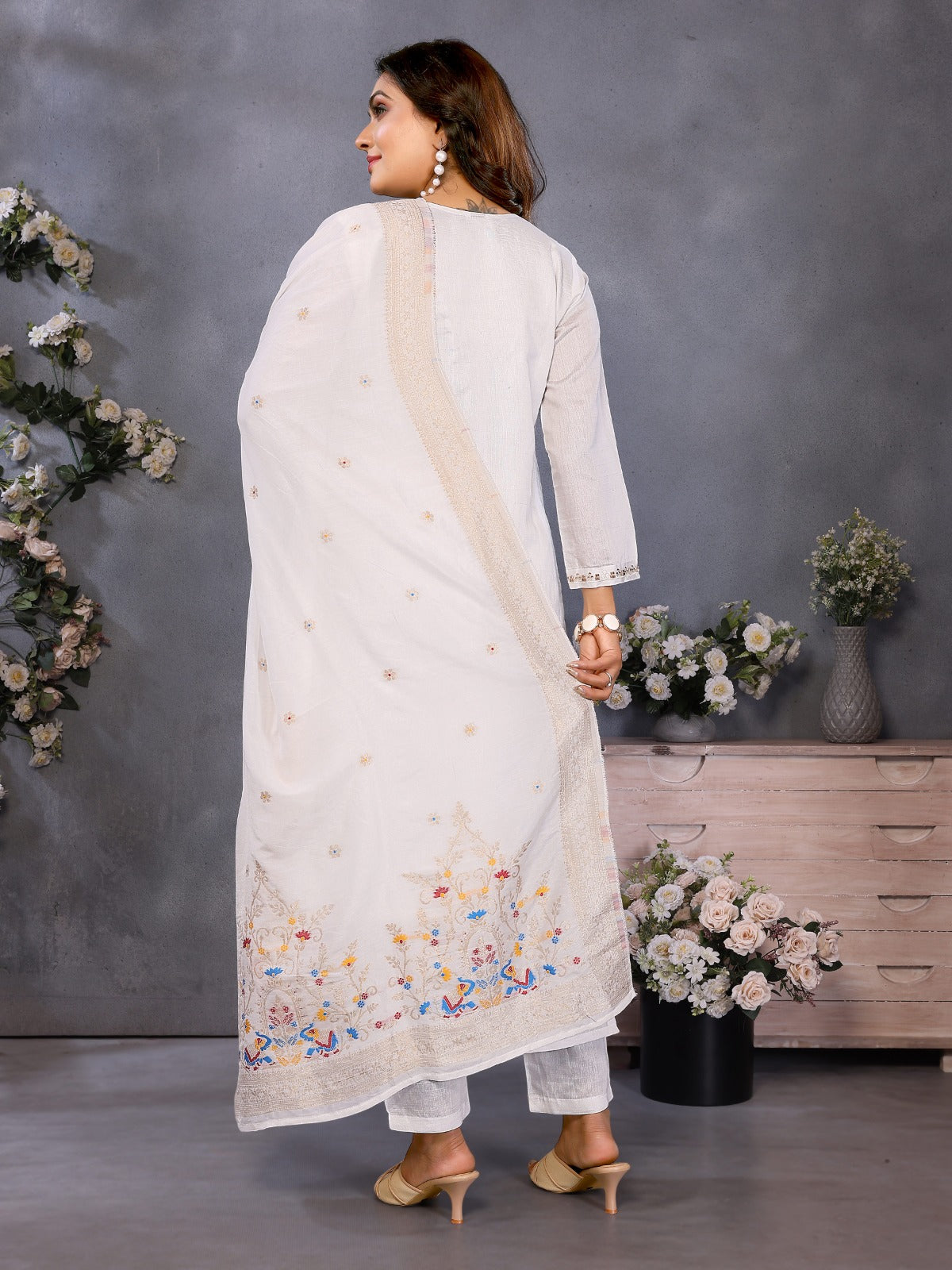 Ivory White Parampara Cotton Kurta Palazzo Set with Embroidered Dupatta
