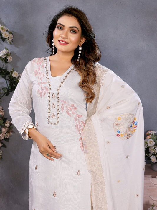 Ivory White Parampara Cotton Kurta Palazzo Set with Embroidered Dupatta