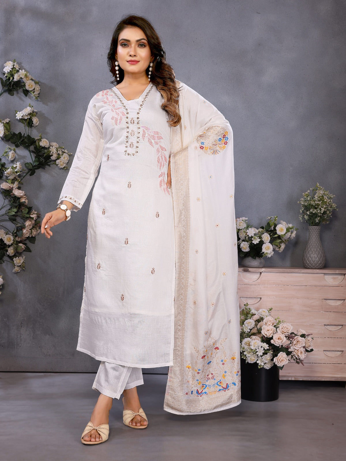 Ivory White Parampara Cotton Kurta Palazzo Set with Embroidered Dupatta