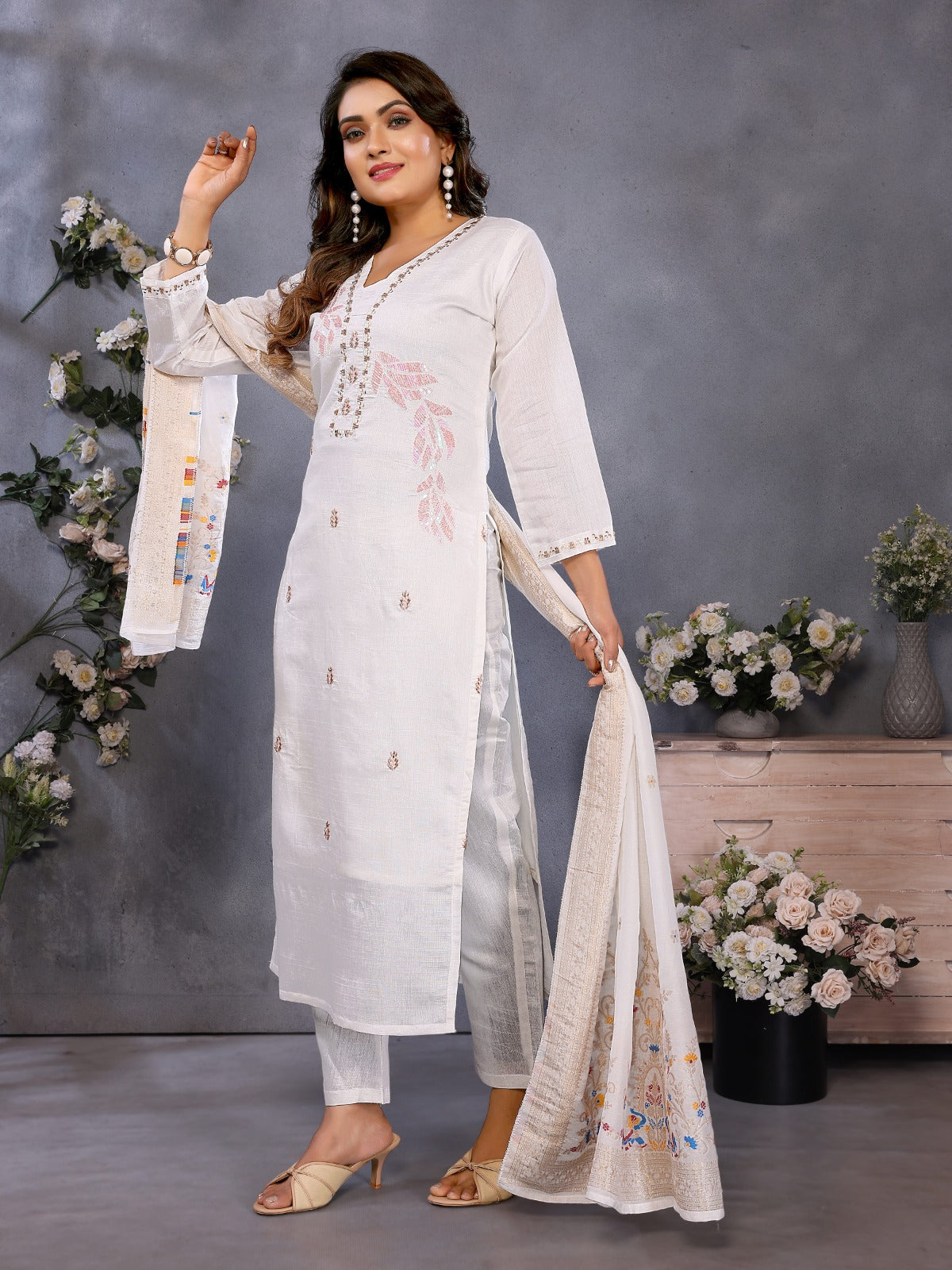 Ivory White Parampara Cotton Kurta Palazzo Set with Embroidered Dupatta