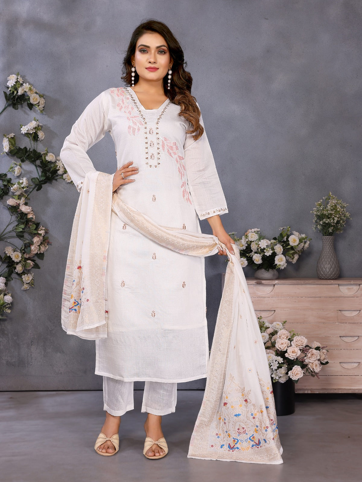 Ivory White Parampara Cotton Kurta Palazzo Set with Embroidered Dupatta