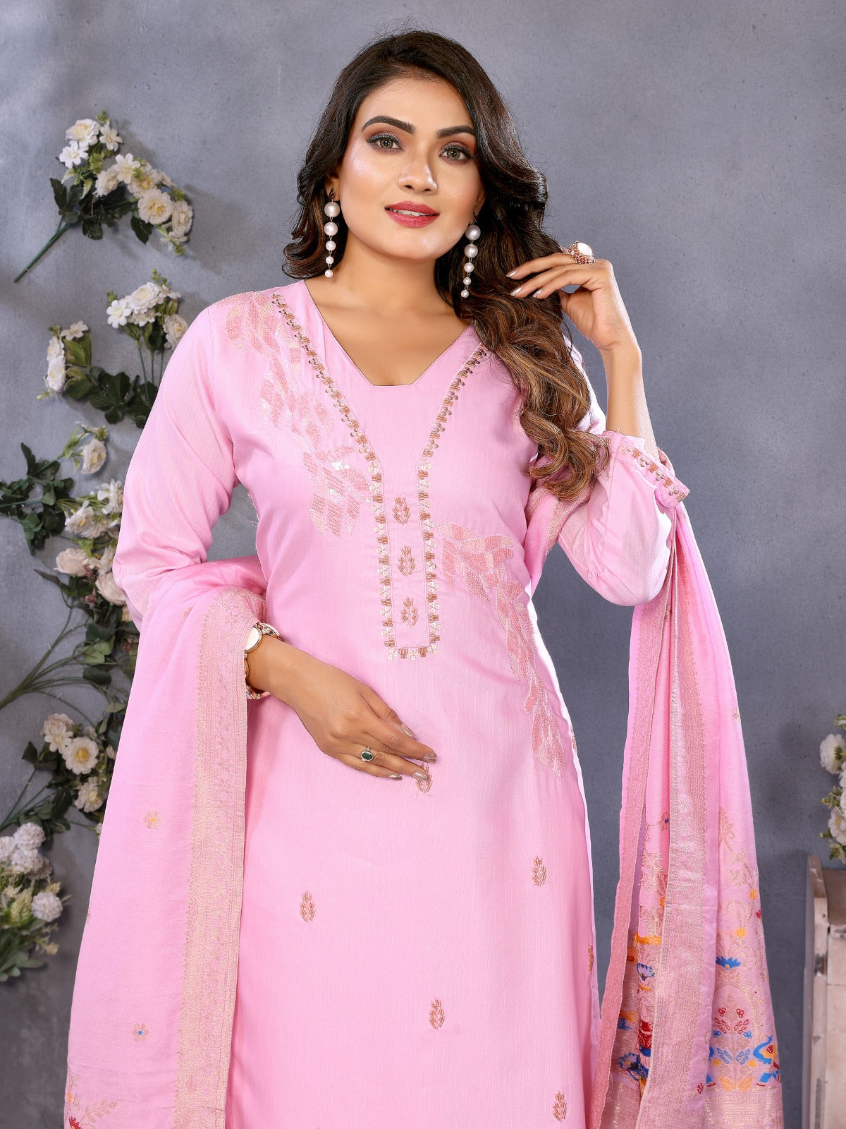 Baby Pink Parampara Cotton Kurta Pant Set with Embroidered Dupatta