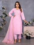 Baby Pink Parampara Cotton Kurta Pant Set with Embroidered Dupatta