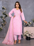 Baby Pink Parampara Cotton Kurta Pant Set with Embroidered Dupatta