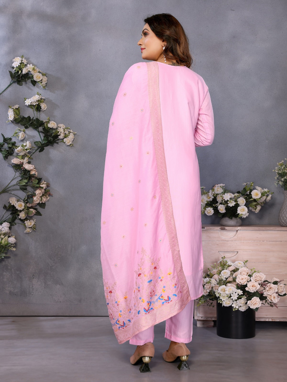 Baby Pink Parampara Cotton Kurta Pant Set with Embroidered Dupatta