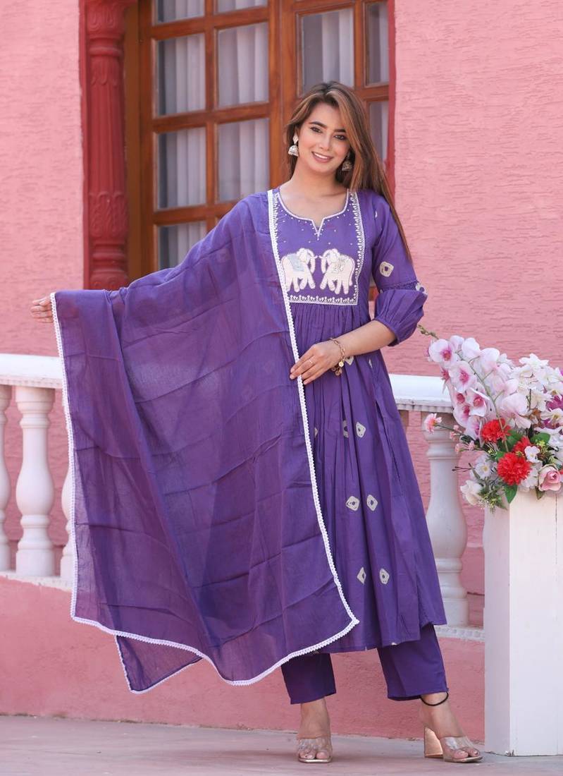 Purple Malai Satin Anarkali Kurta Pant Set with Embroidered Dupatta