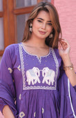 Purple Malai Satin Anarkali Kurta Pant Set with Embroidered Dupatta