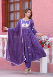 Purple Malai Satin Anarkali Kurta Pant Set with Embroidered Dupatta