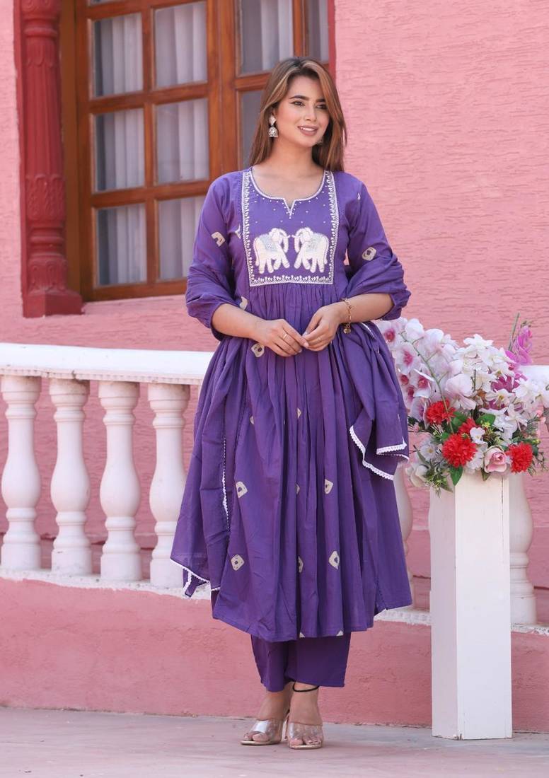 Purple Malai Satin Anarkali Kurta Pant Set with Embroidered Dupatta