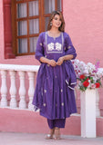 Purple Malai Satin Anarkali Kurta Pant Set with Embroidered Dupatta