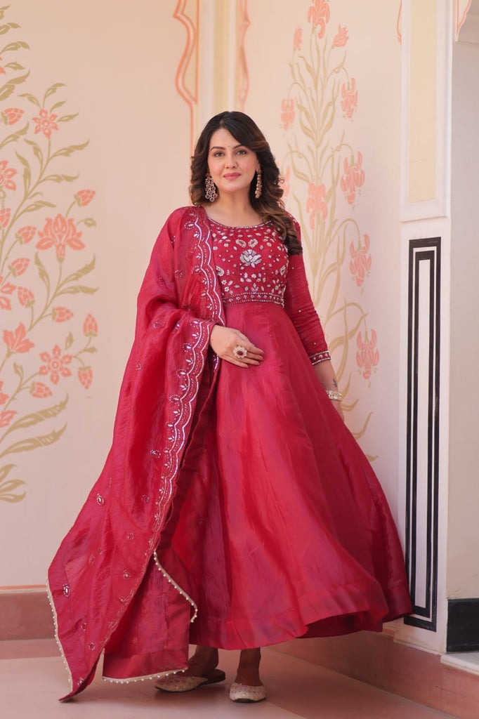 Wine Roman Viscose Anarkali Gown Set with Roman Dupatta