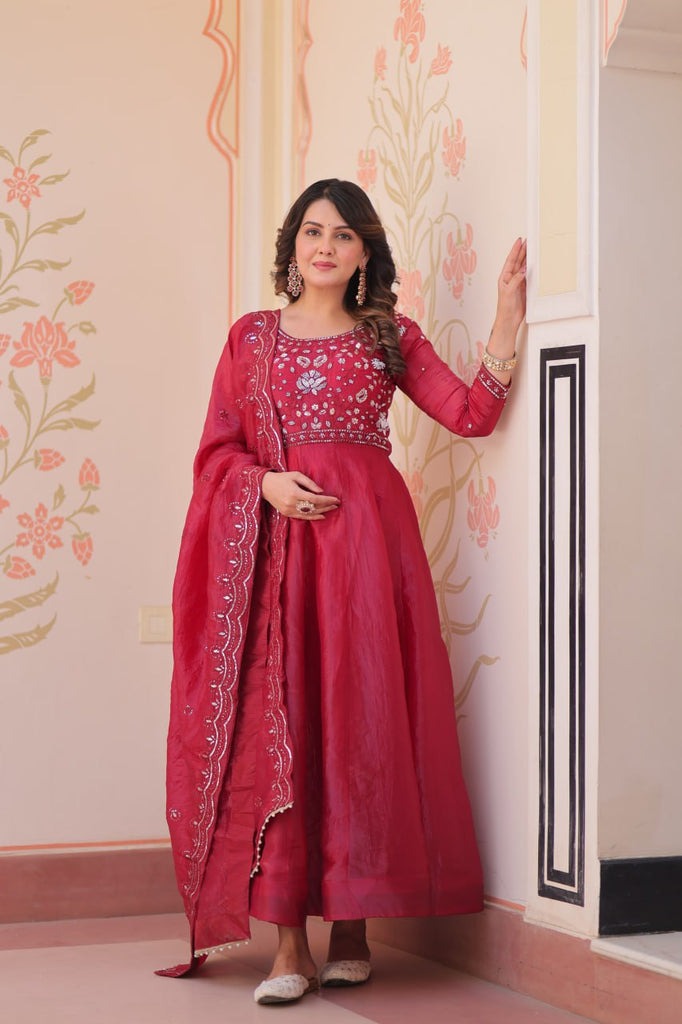 Wine Roman Viscose Anarkali Gown Set with Roman Dupatta