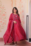 Wine Roman Viscose Anarkali Gown Set with Roman Dupatta