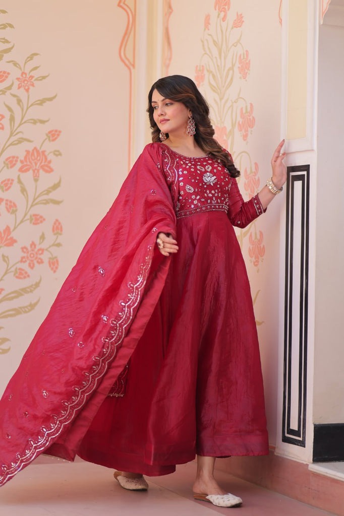 Wine Roman Viscose Anarkali Gown Set with Roman Dupatta