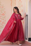 Wine Roman Viscose Anarkali Gown Set with Roman Dupatta