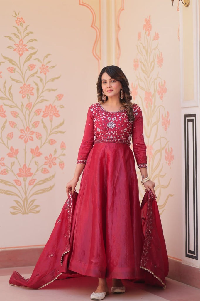 Wine Roman Viscose Anarkali Gown Set with Roman Dupatta