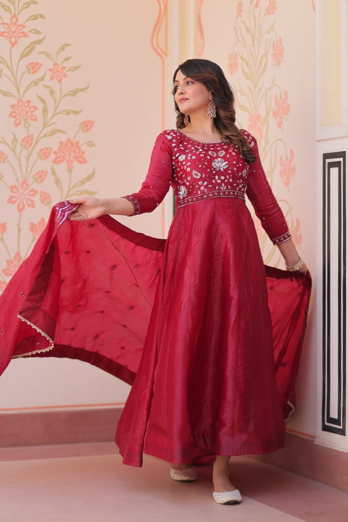Wine Roman Viscose Anarkali Gown Set with Roman Dupatta