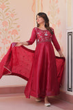 Wine Roman Viscose Anarkali Gown Set with Roman Dupatta