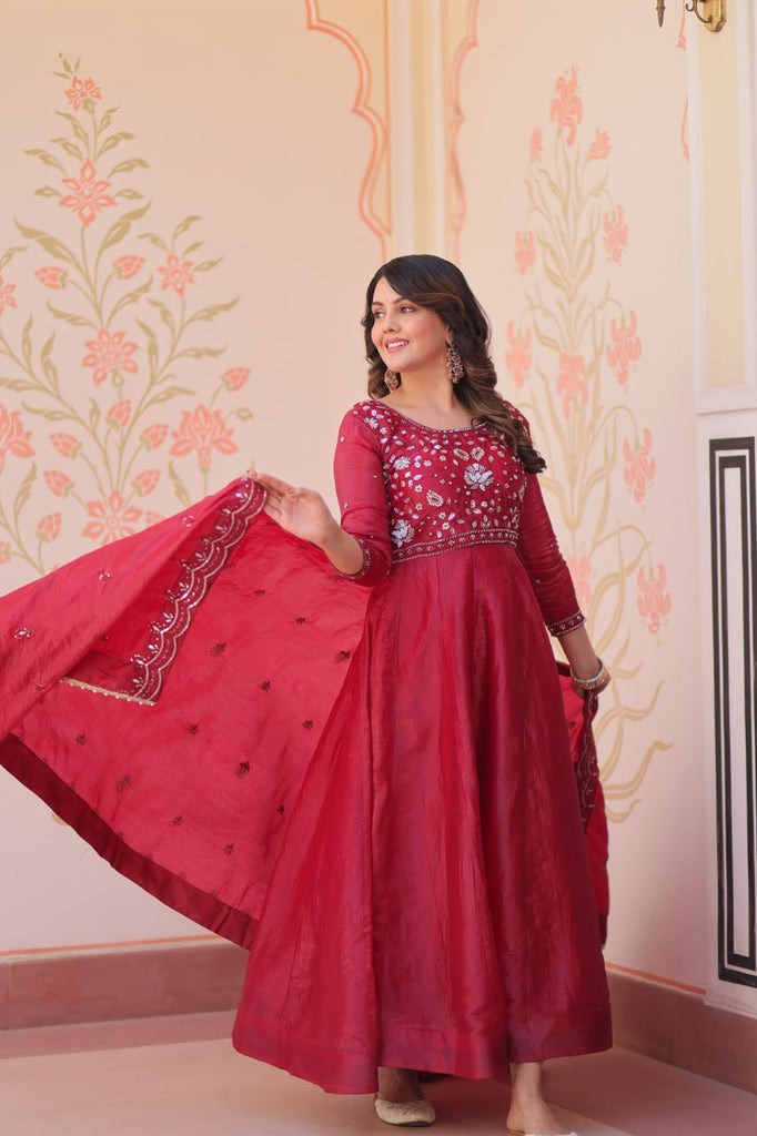 Wine Roman Viscose Anarkali Gown Set with Roman Dupatta