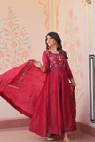Wine Roman Viscose Anarkali Gown Set with Roman Dupatta