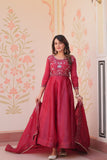 Wine Roman Viscose Anarkali Gown Set with Roman Dupatta