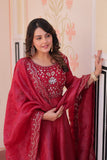 Wine Roman Viscose Anarkali Gown Set with Roman Dupatta