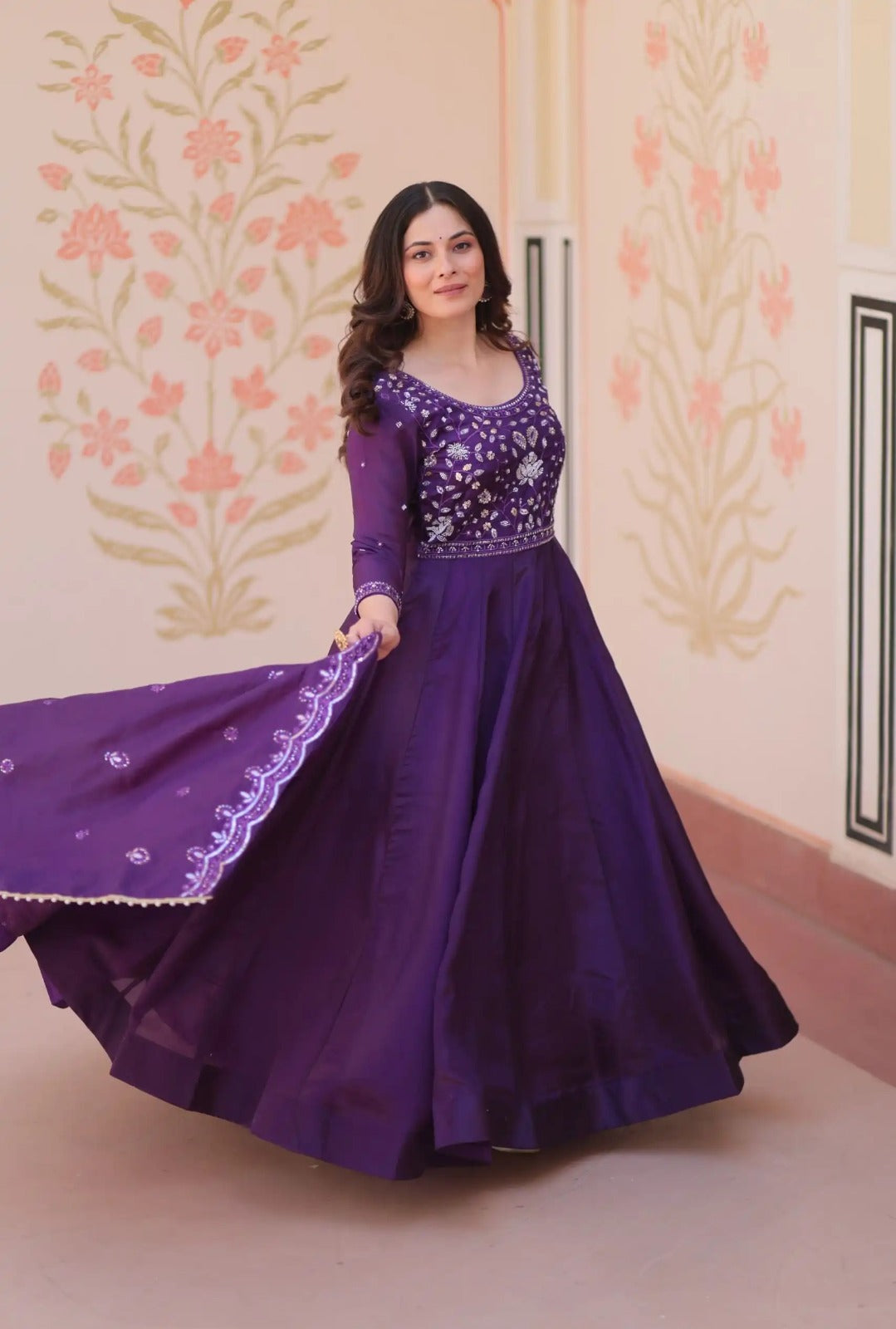 Royal Purple Roman Viscose Anarkali Gown Set with Roman Dupatta