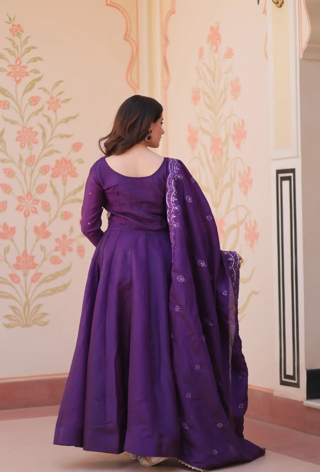 Royal Purple Roman Viscose Anarkali Gown Set with Roman Dupatta