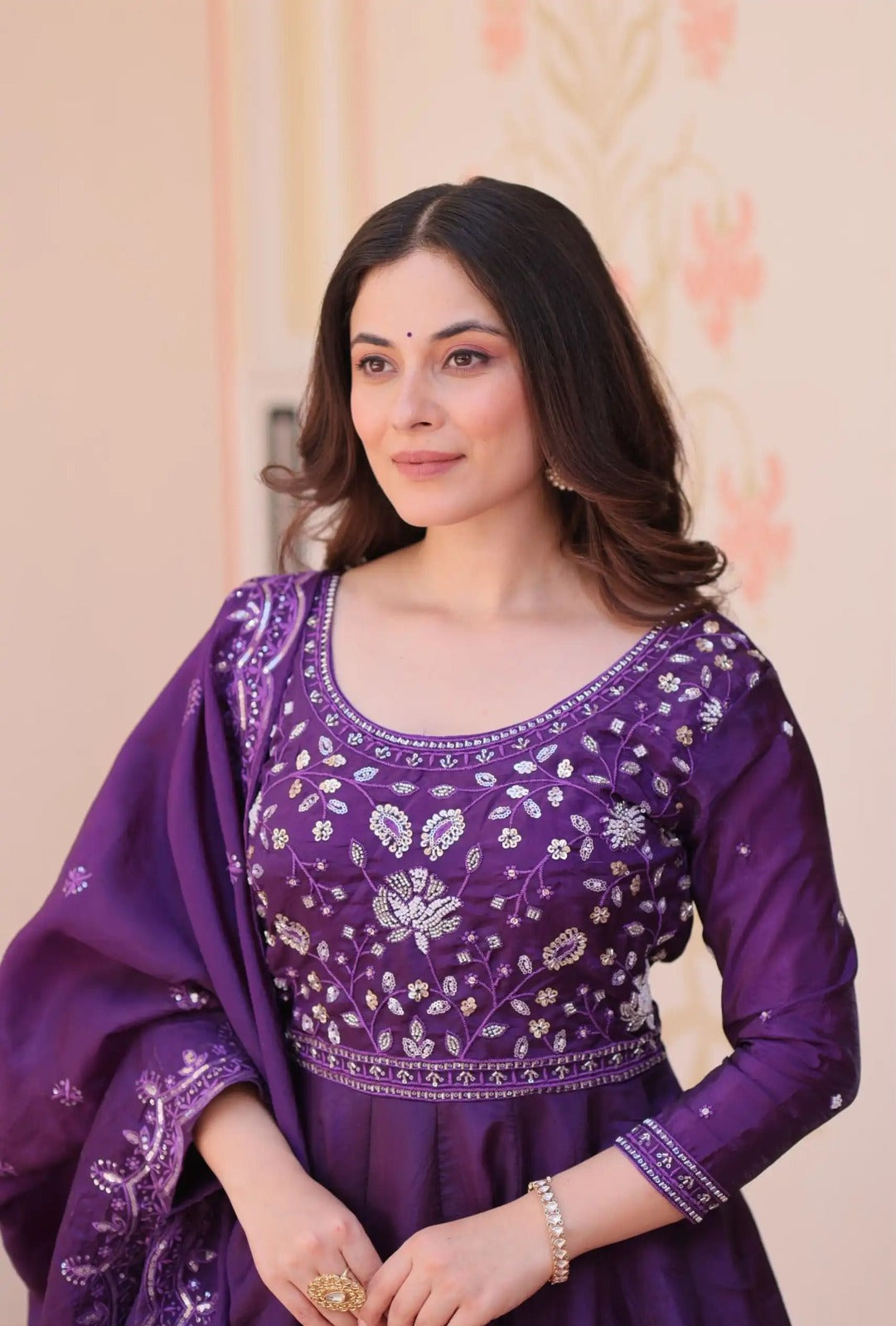 Royal Purple Roman Viscose Anarkali Gown Set with Roman Dupatta