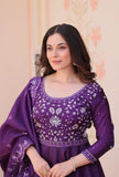 Royal Purple Roman Viscose Anarkali Gown Set with Roman Dupatta