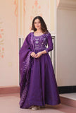 Royal Purple Roman Viscose Anarkali Gown Set with Roman Dupatta