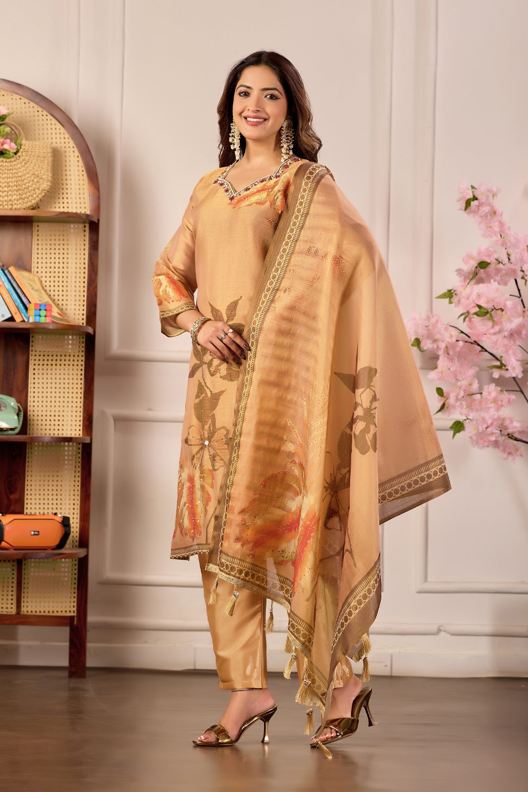 Beige Erode Silk Kurta Pant Set with Erode Silk Dupatta