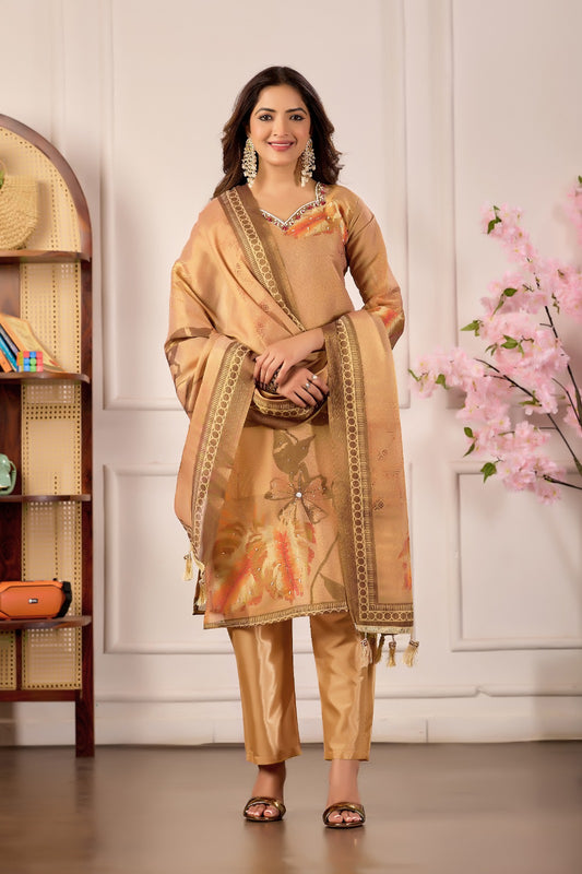 Beige Erode Silk Kurta Pant Set with Erode Silk Dupatta