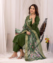 Olive Green Parampara Cotton Kurta Pant Set with Jacquard Dupatta